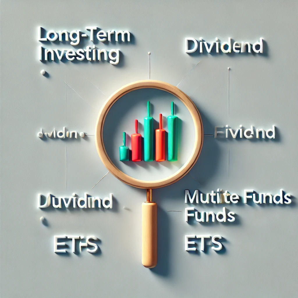 DALL·E 2024-11-22 16.56.20 - A minimalist image with a plain background featuring financial investment-related text_ 'Long-term Investing,' 'Dividend,' 'Mutual Funds,' and 'ETFs.' DALL·E 2024 11 22 16.56.20 A minimalist image with a plain background featuring financial investment related text Long term Investing Dividend Mutual Funds and ETFs 5 Way - How to Make Money in Stocks